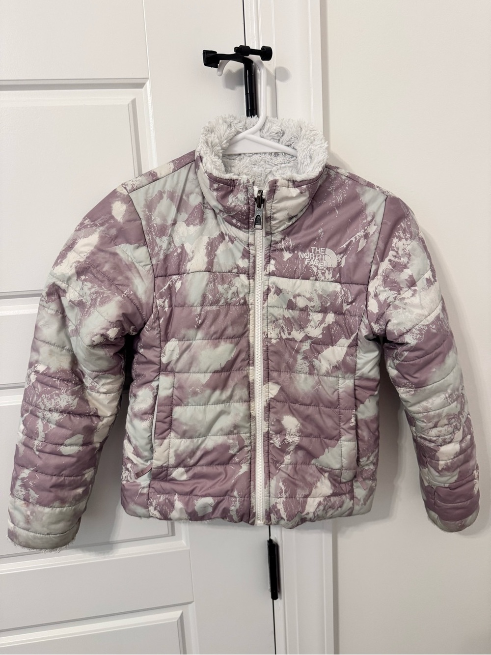 The North Face Girls' Lavender and Light Gray Printed Puffer Jacket